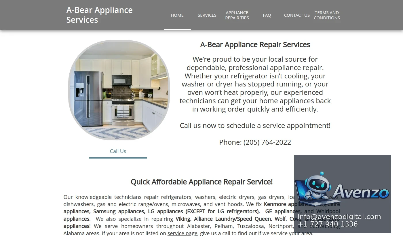 A-Bear Appliance Repair — Website Development Case Study Homepage website screenshot