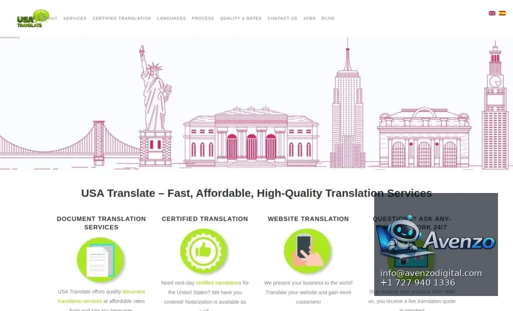 USA Translate — Website Development Case Study Homepage website screenshot